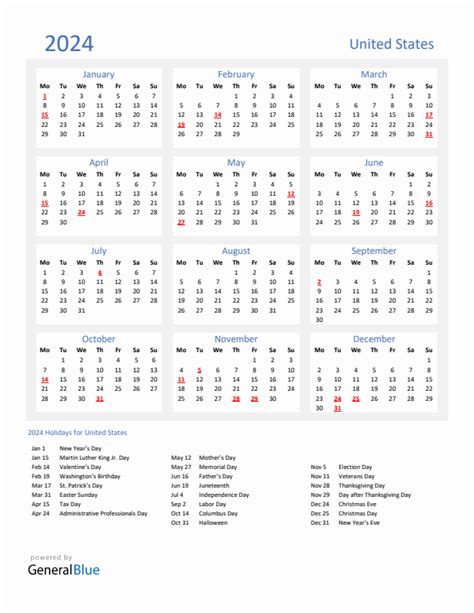 日历|Calendar for Year 2024 (United States)